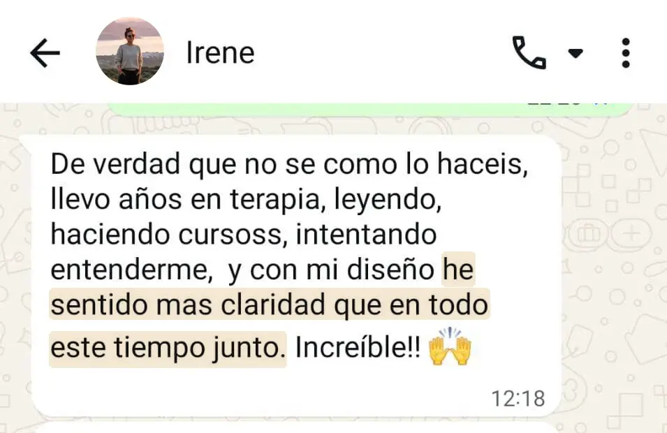 Testimonio de una clienta sobre Tu Diseño de Origen: «Con mi diseño he sentido más claridad que en todo este tiempo junto. ¡Increíble!»