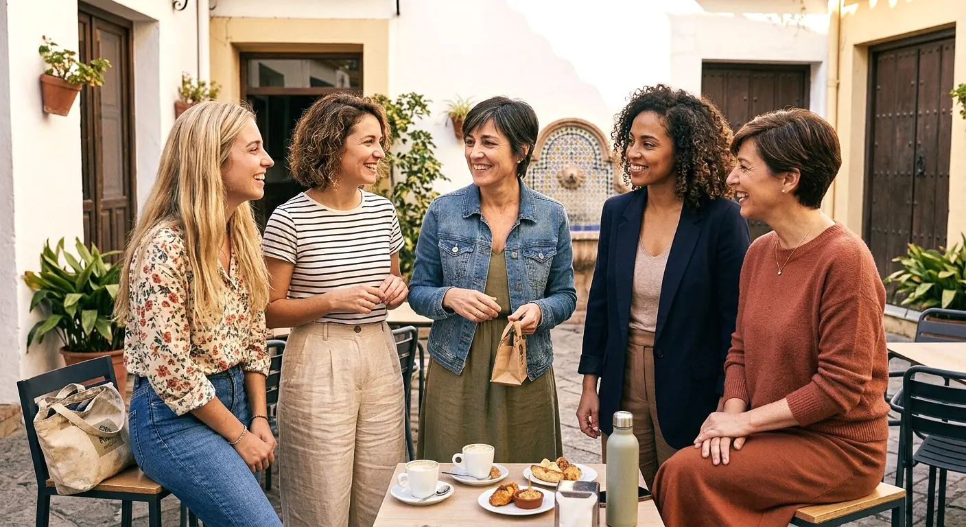 Cinco mujeres conversando y riendo en un patio